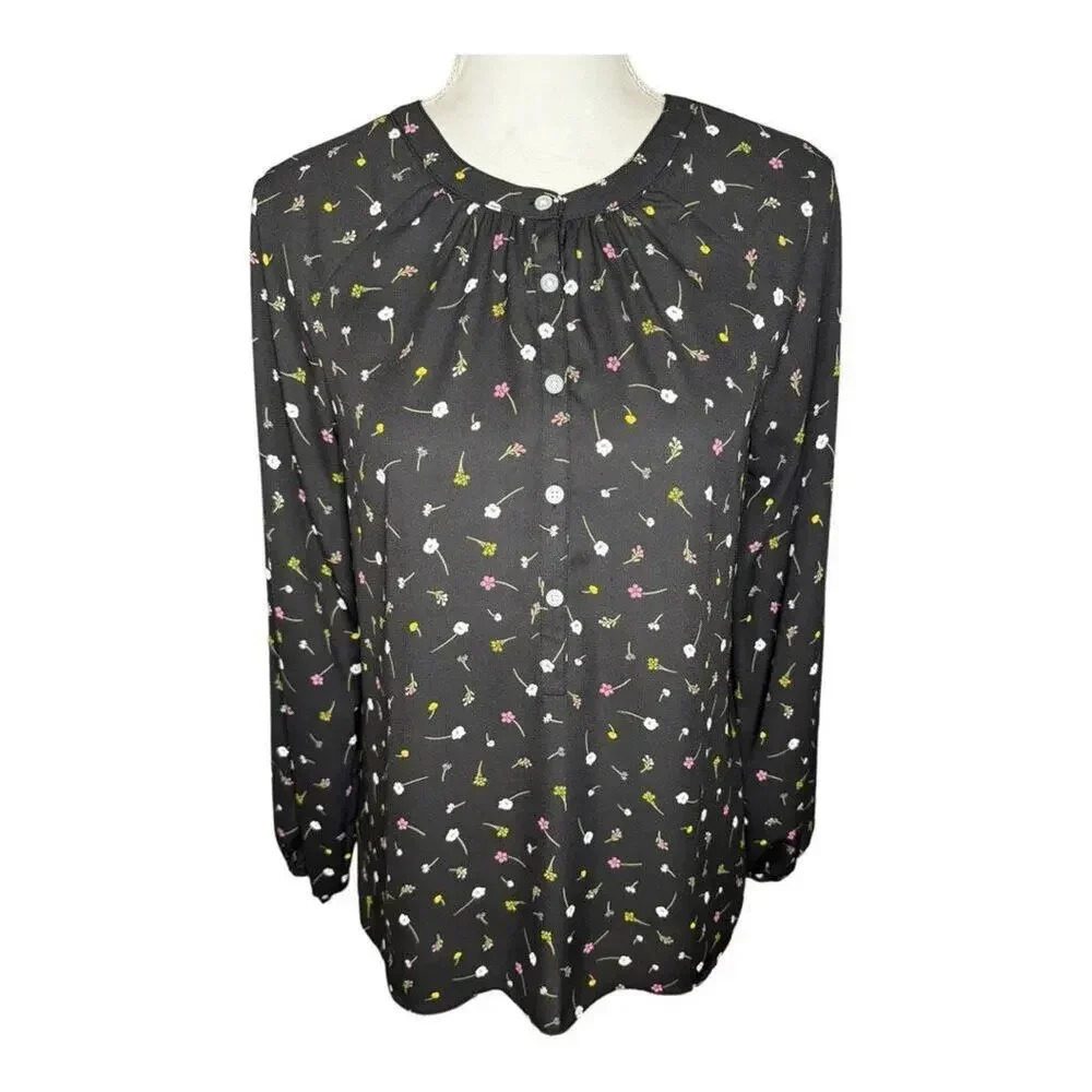LOFT Outlet XS‎ Black Floral Half Button Soft Flowy Lightweight Top